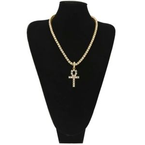 Gold Ankh Tennis Chain Diamond Necklace Egyptian